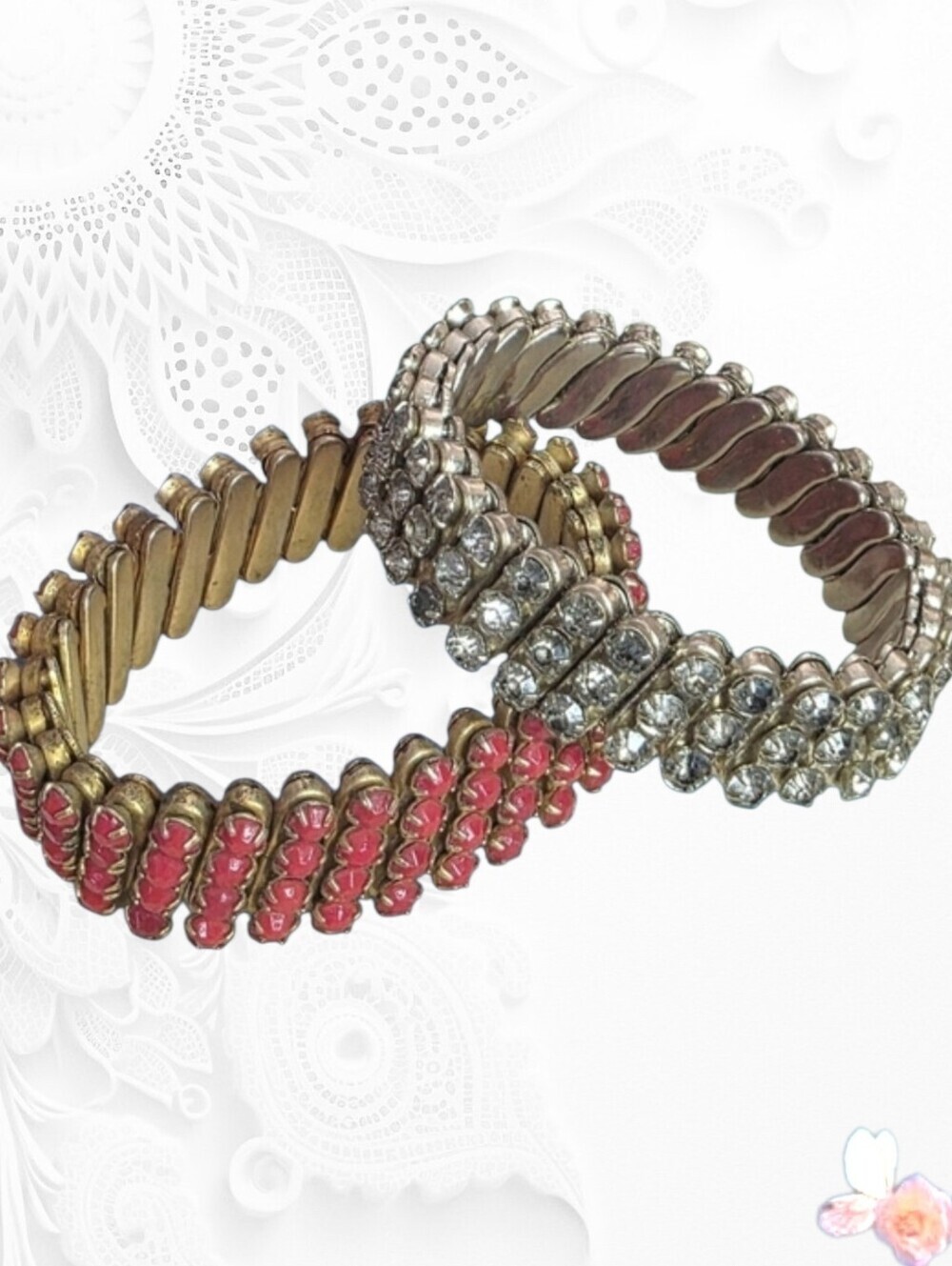 Vintage Rhinestone Stretch Bracelets Set of 2 Red Clear Japan Hong Kong